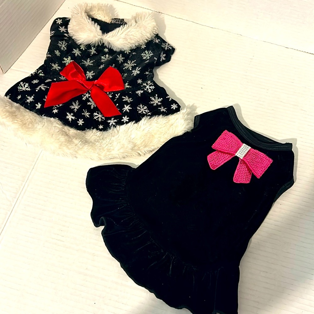 Christmas Fall Winter Holiday festive fancy bows fur set of 2 doggie dresses